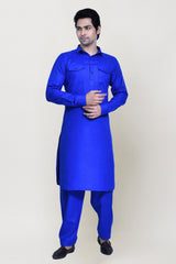 Men's Blue Cotton Solid Kurta Pajama Set