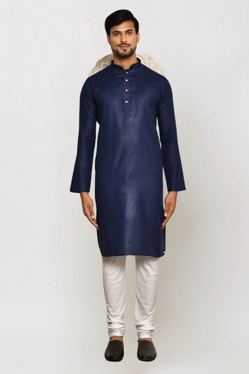 Men's Navy Blue Art Silk Solid Kurta Pajama Set