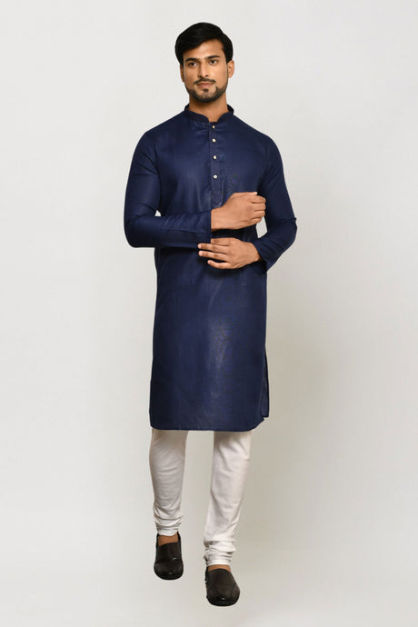 Men's Navy Blue Art Silk Solid Kurta Pajama Set