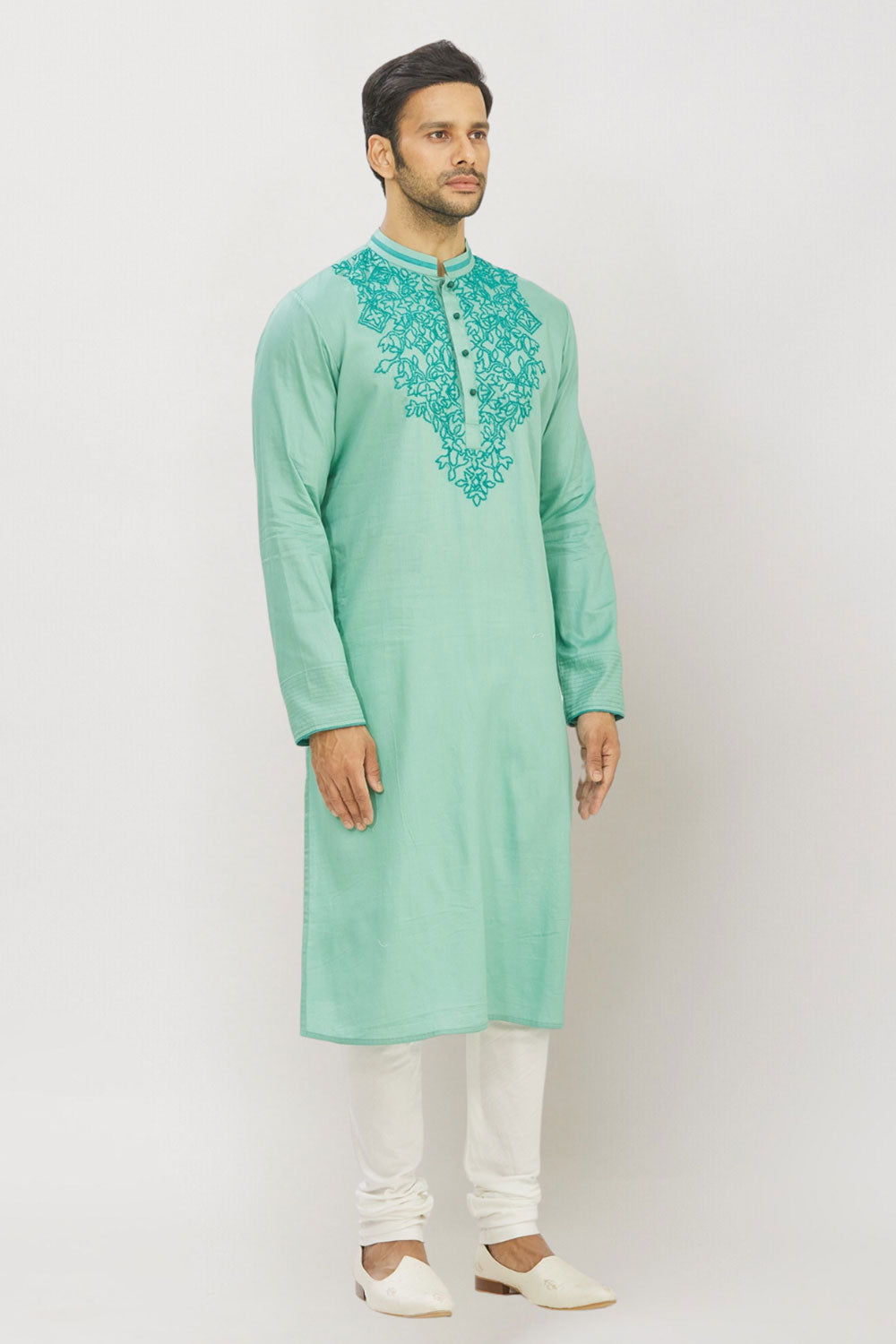 Men's Pista Green Art Silk Solid Kurta Pajama Set