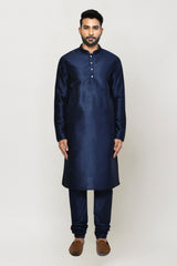 Men's Navy Blue Art Silk Solid Kurta Pajama Set