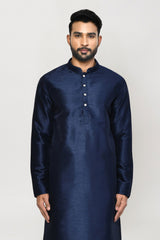 Men's Navy Blue Art Silk Solid Kurta Pajama Set