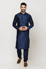 Men's Navy Blue Art Silk Solid Kurta Pajama Set