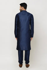 Men's Navy Blue Art Silk Solid Kurta Pajama Set