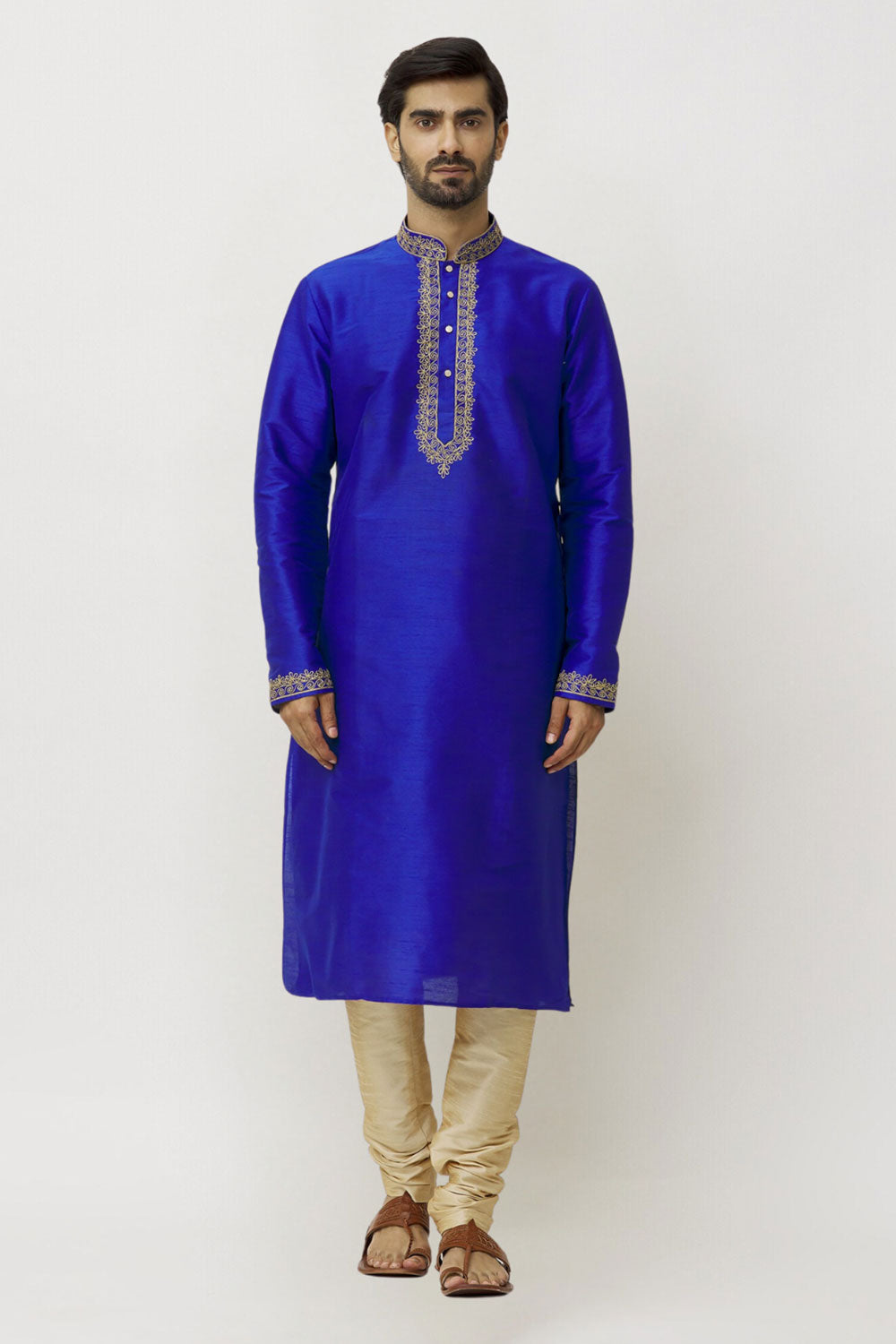 Men's Blue Art Silk Solid Kurta Pajama Set