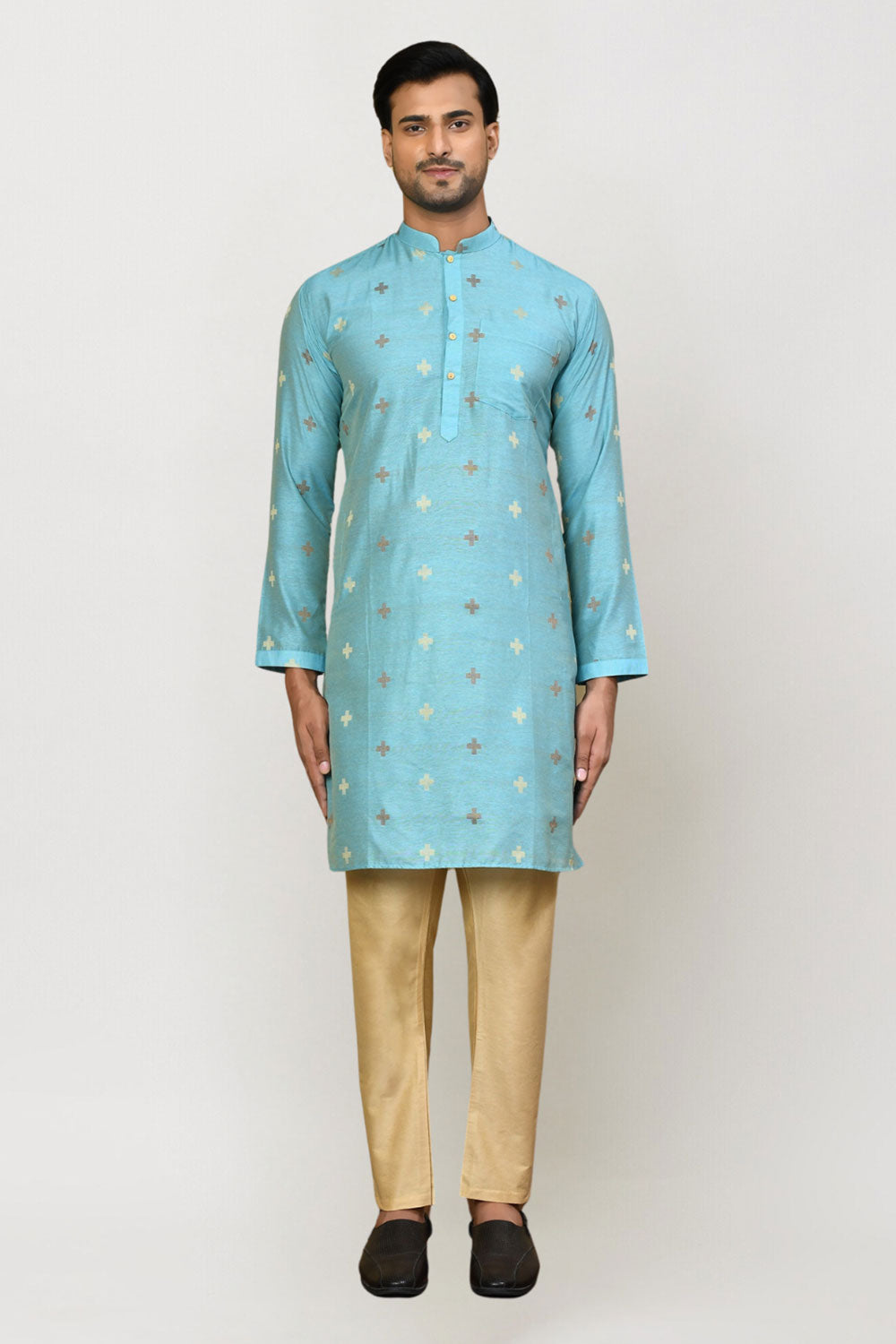 Men's Sky Blue Art Silk Solid Kurta Pajama Set