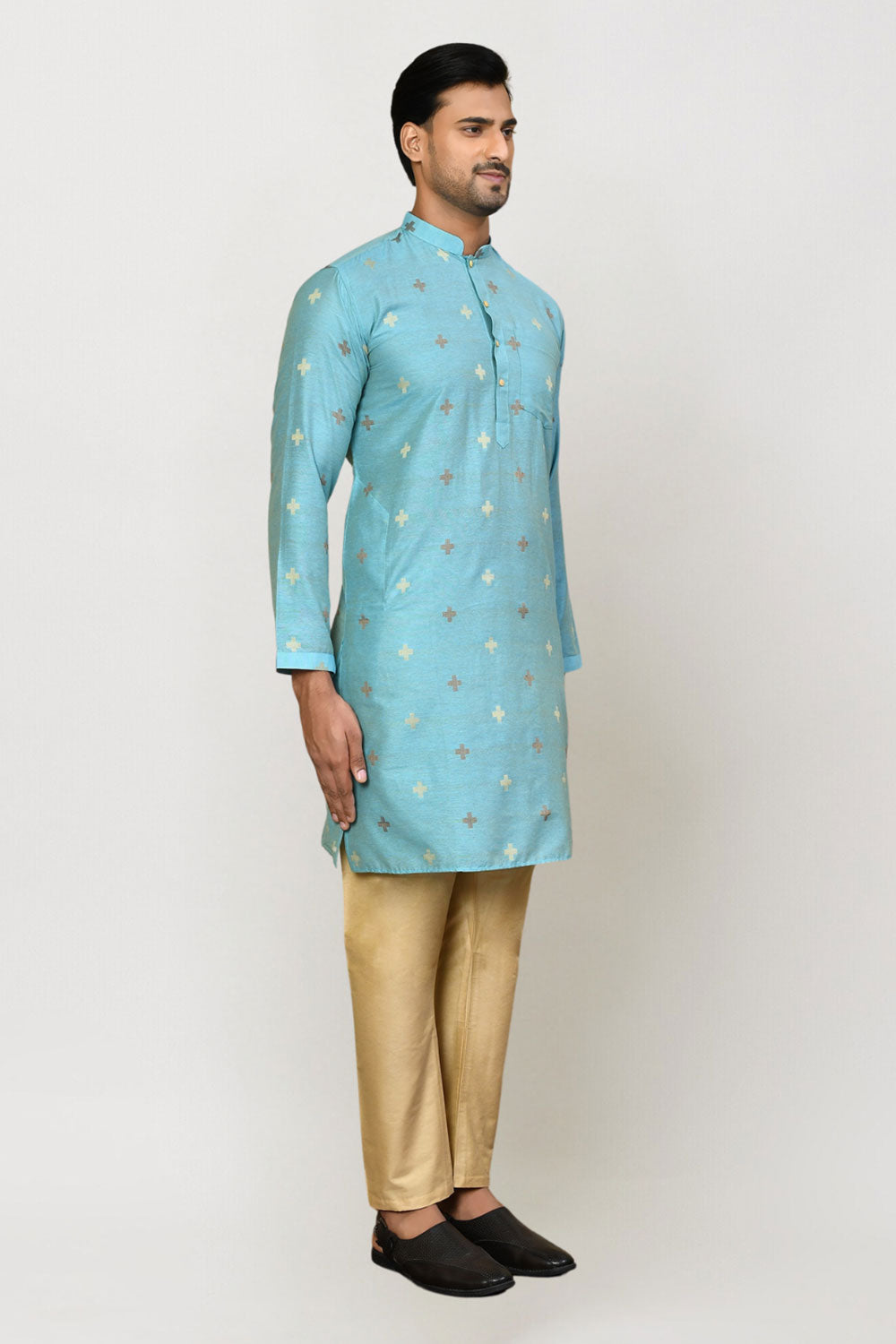 Men's Sky Blue Art Silk Solid Kurta Pajama Set