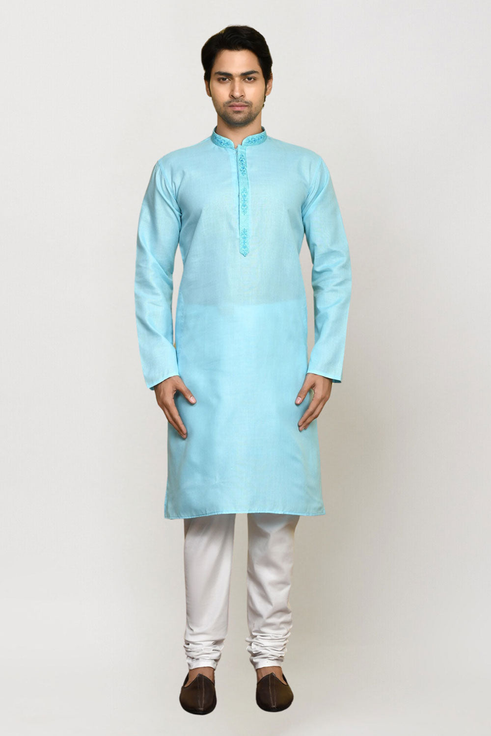 Men's Sky Blue Art Silk Solid Kurta Pajama Set