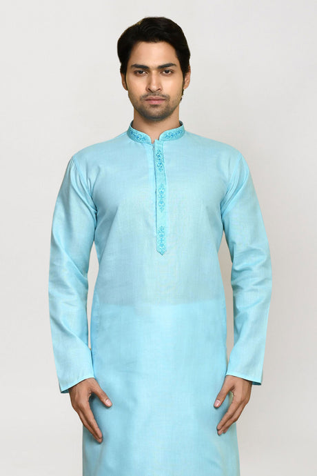 Men's Sky Blue Art Silk Solid Kurta Pajama Set