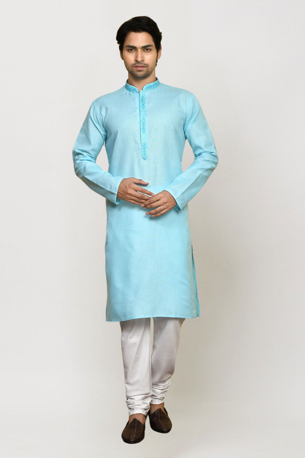 Men's Sky Blue Art Silk Solid Kurta Pajama Set