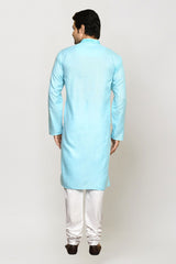 Men's Sky Blue Art Silk Solid Kurta Pajama Set