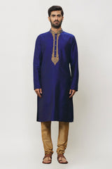 Men's Blue Art Silk Solid Kurta Pajama Set