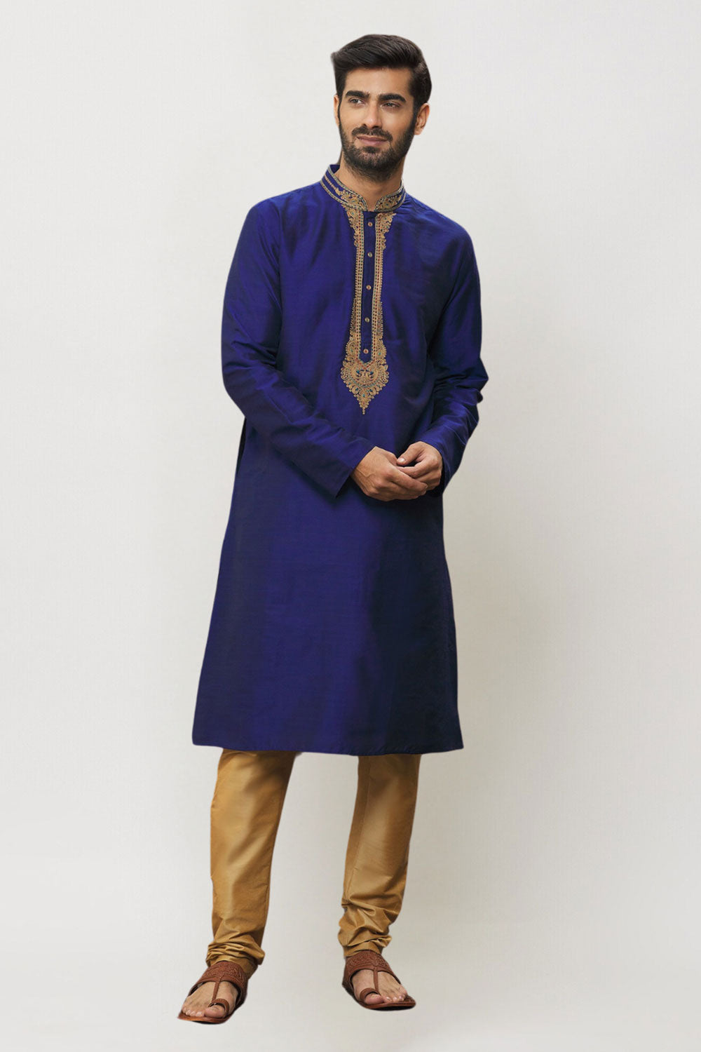 Men's Blue Art Silk Solid Kurta Pajama Set