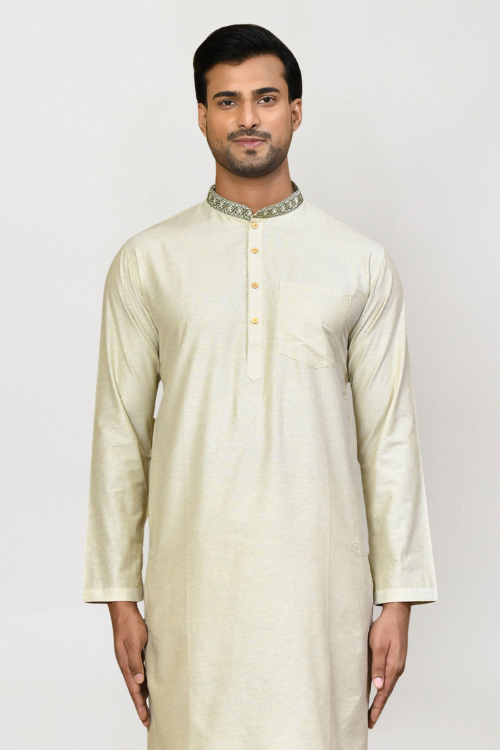 Men's Cream Art Silk Solid Kurta Pajama Set