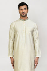 Men's Cream Art Silk Solid Kurta Pajama Set