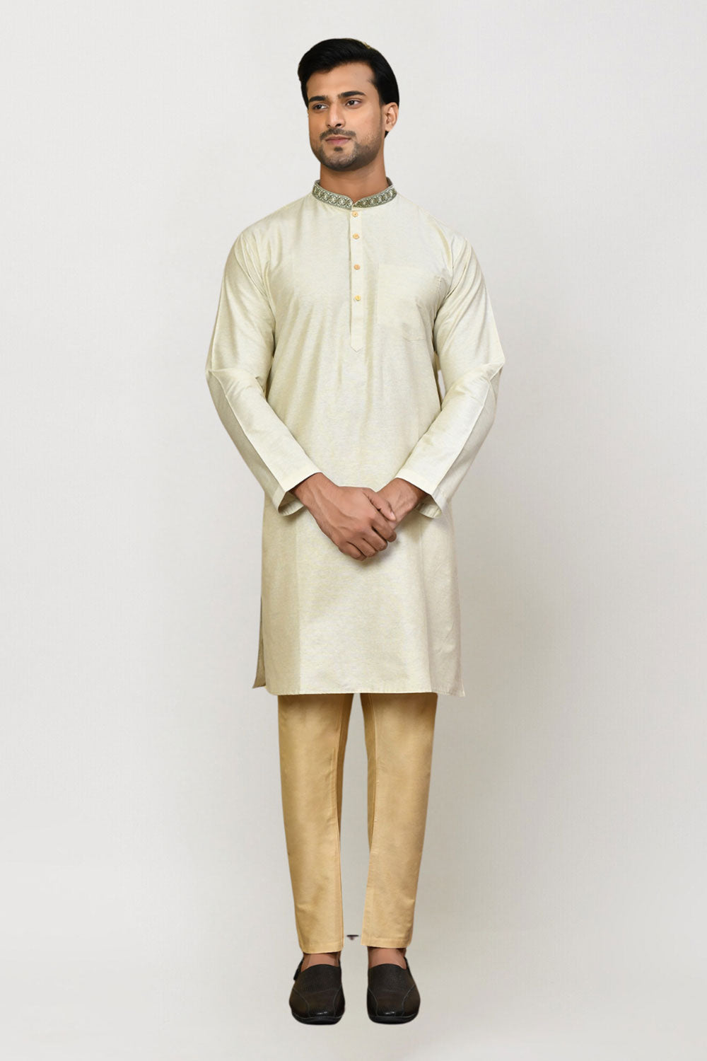 Men's Cream Art Silk Solid Kurta Pajama Set