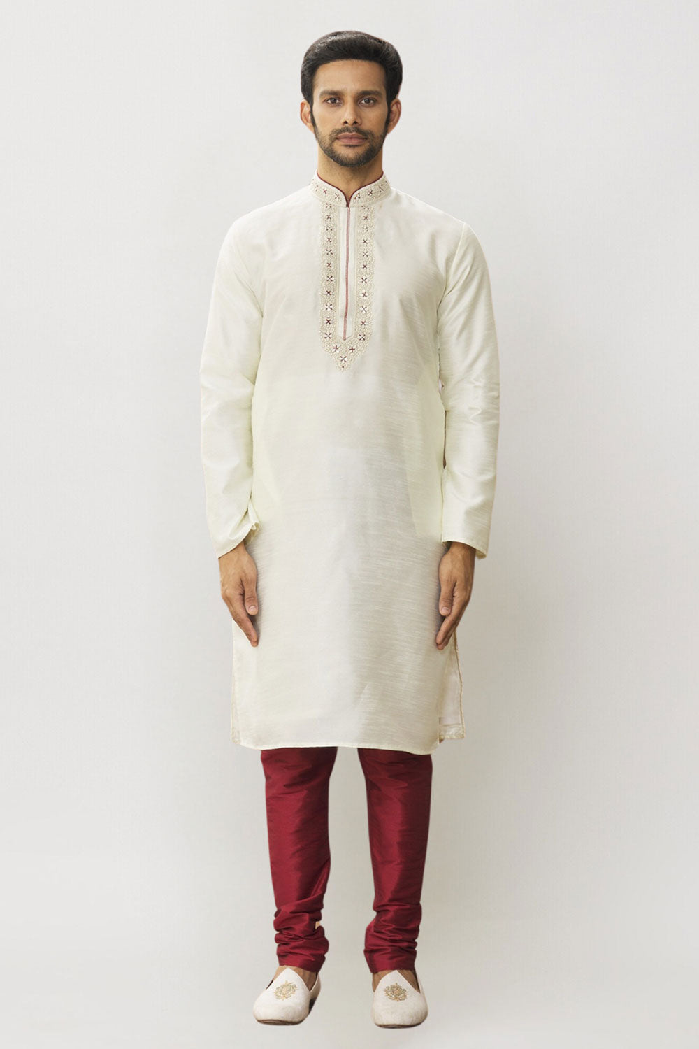 Men's Cream Art Silk Solid Kurta Pajama Set