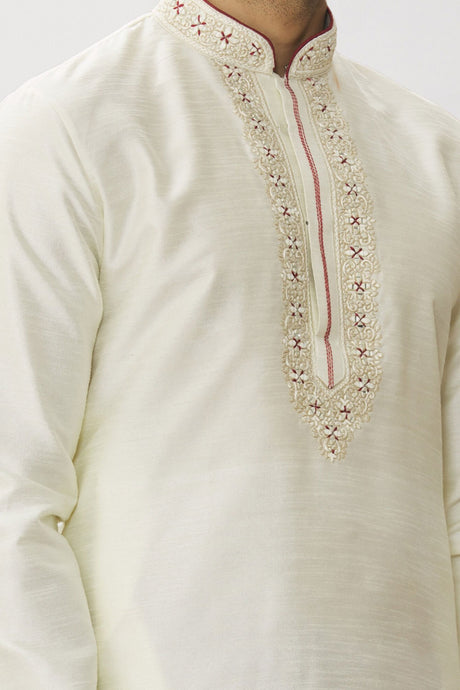 Men's Cream Art Silk Solid Kurta Pajama Set