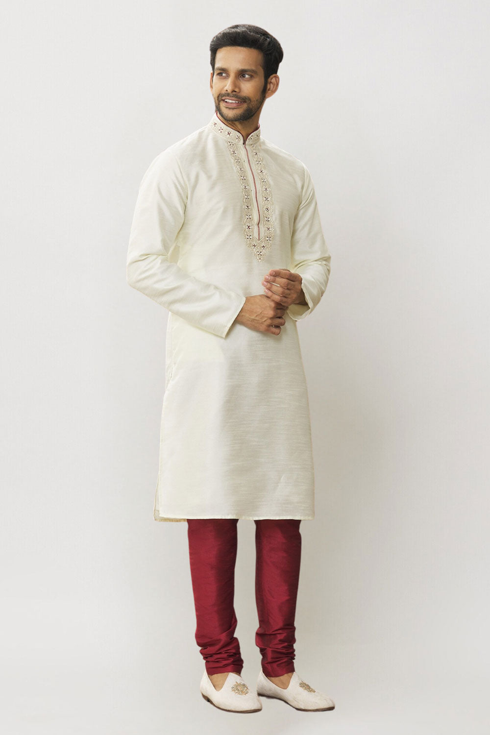 Men's Cream Art Silk Solid Kurta Pajama Set