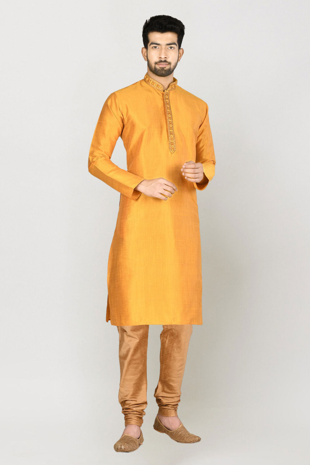 Men's Yellow Art Silk Solid Kurta Pajama Set