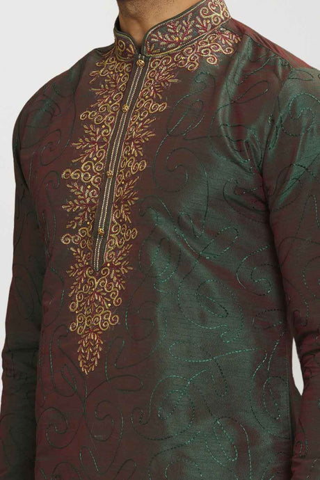 Men's Green Art Silk Solid Kurta Pajama Set