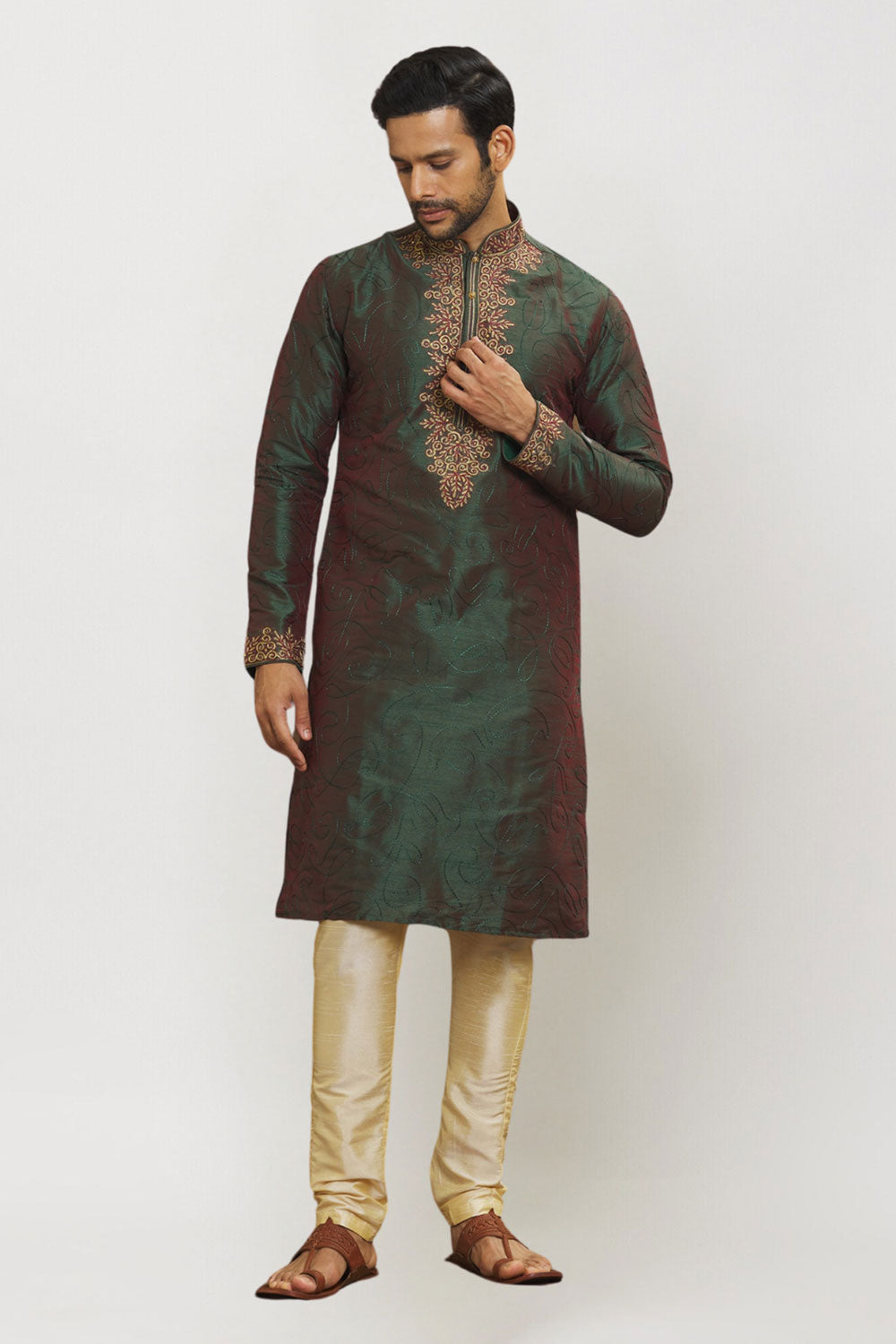 Men's Green Art Silk Solid Kurta Pajama Set