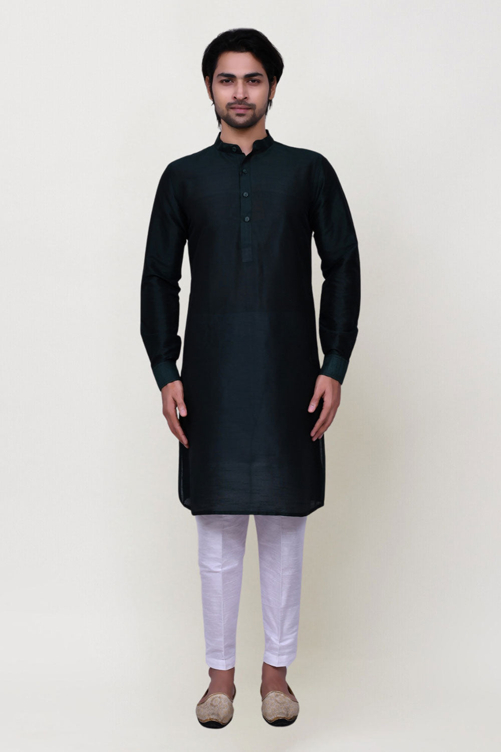 Men's Navy Blue Art Silk Solid Kurta Pajama Set