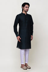 Men's Navy Blue Art Silk Solid Kurta Pajama Set