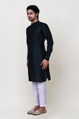 Men's Navy Blue Art Silk Solid Kurta Pajama Set