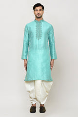 Men's Sea Green Art Silk Solid Kurta Dhoti Set