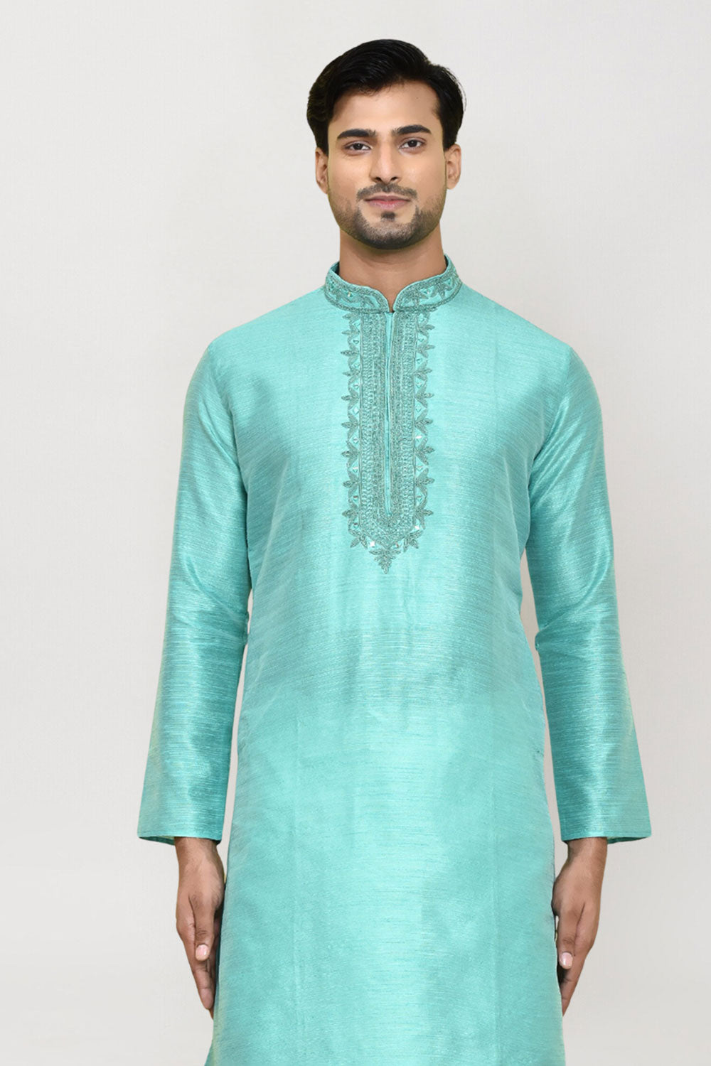 Men's Sea Green Art Silk Solid Kurta Dhoti Set