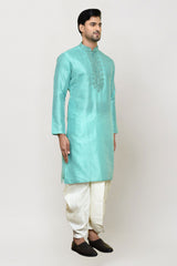 Men's Sea Green Art Silk Solid Kurta Dhoti Set