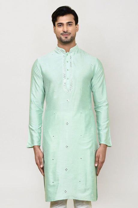 Men's Pista Green Art Silk Solid Kurta Pajama Set