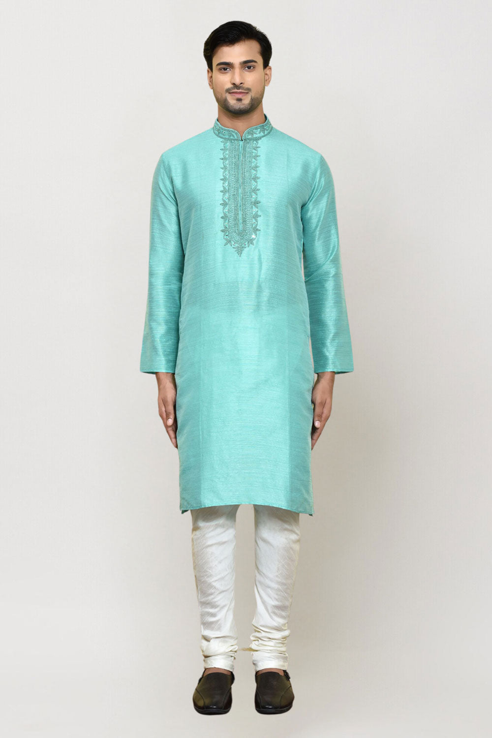 Men's Sea Green Art Silk Solid Kurta Pajama Set