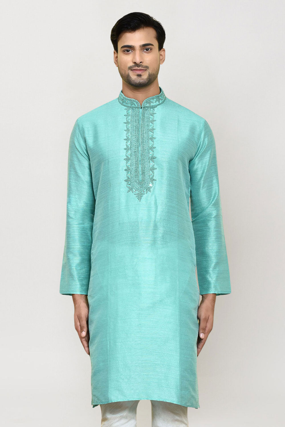 Men's Sea Green Art Silk Solid Kurta Pajama Set