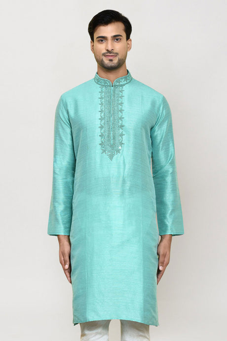 Men's Sea Green Art Silk Solid Kurta Pajama Set