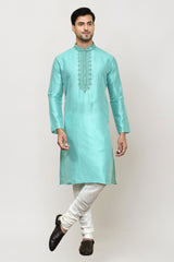 Men's Sea Green Art Silk Solid Kurta Pajama Set