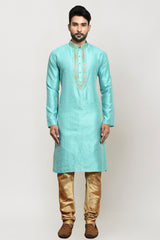 Men's Sea Green Art Silk Solid Kurta Pajama Set