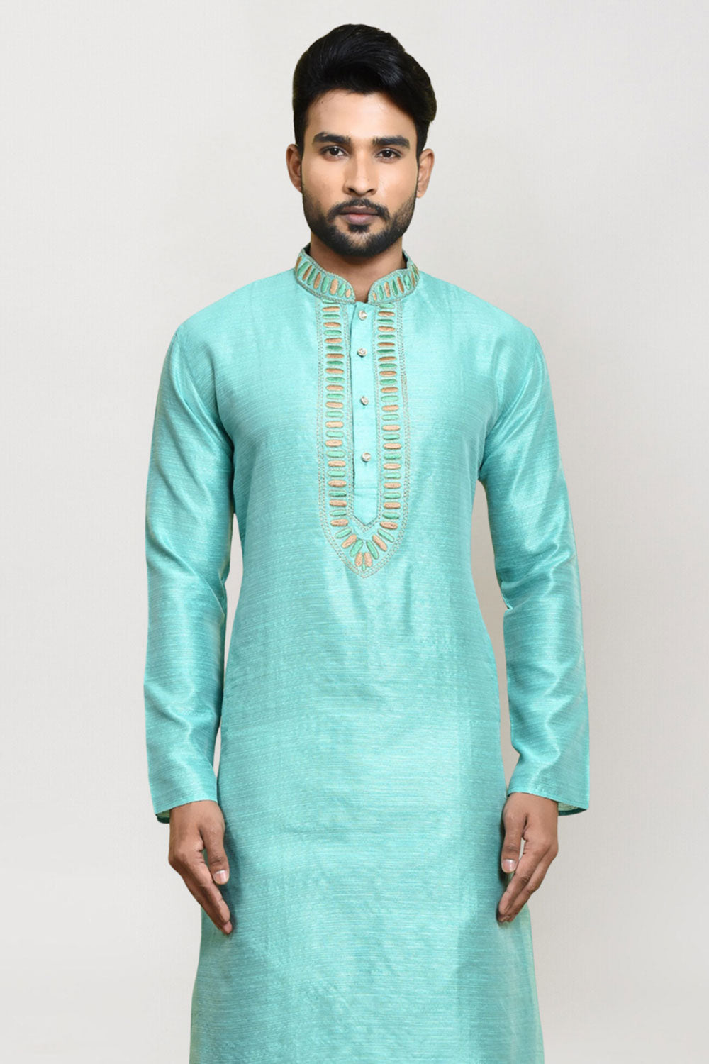 Men's Sea Green Art Silk Solid Kurta Pajama Set