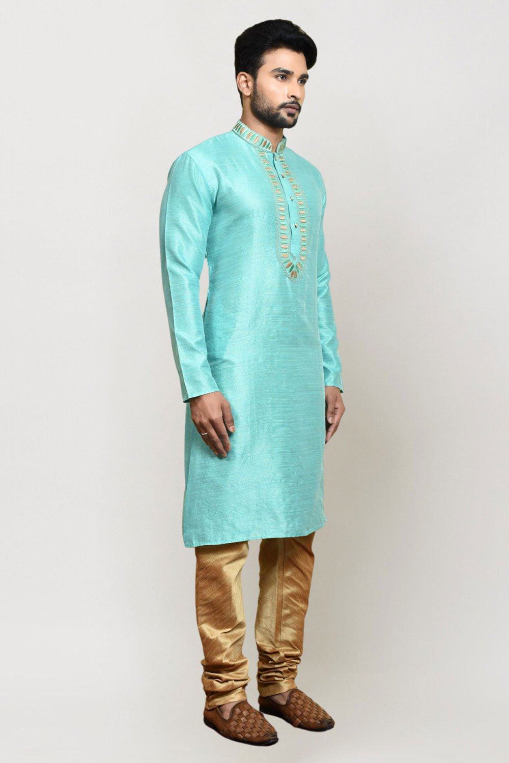 Men's Sea Green Art Silk Solid Kurta Pajama Set