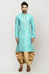 Men's Sea Green Art Silk Solid Kurta Dhoti Set