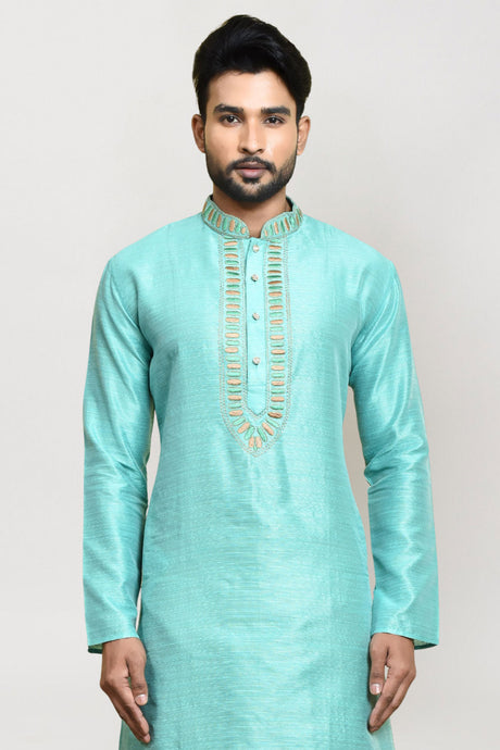 Men's Sea Green Art Silk Solid Kurta Dhoti Set