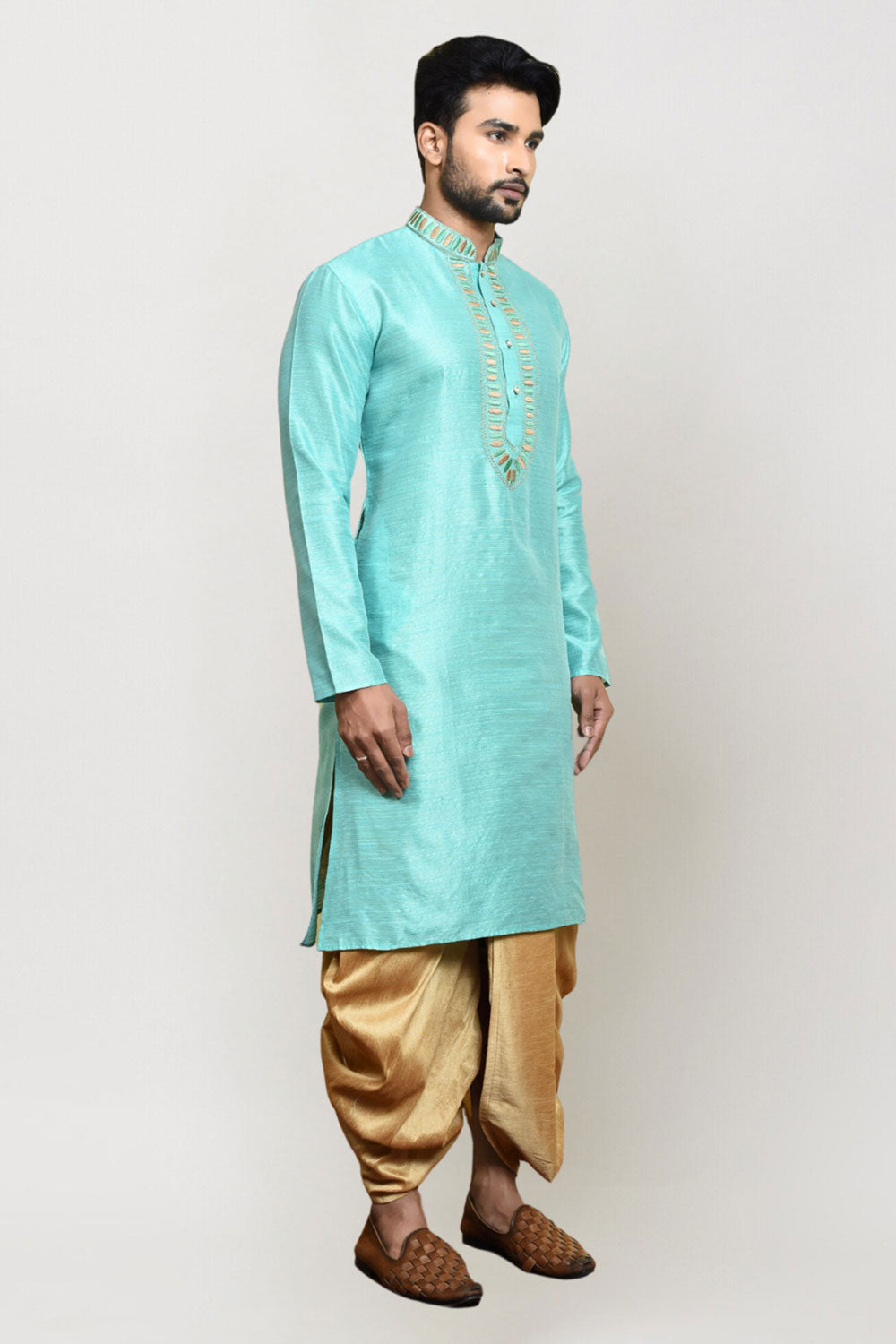 Men's Sea Green Art Silk Solid Kurta Dhoti Set