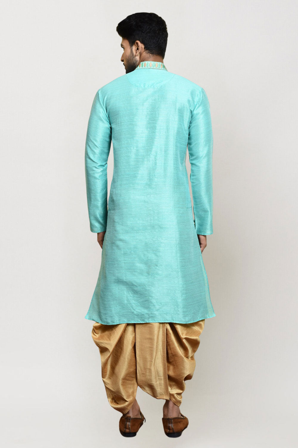 Men's Sea Green Art Silk Solid Kurta Dhoti Set