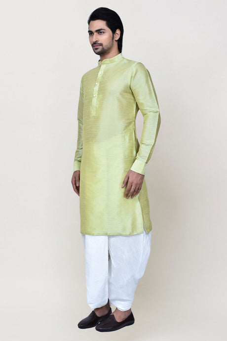 Men's Lemon Art Silk Solid Kurta Dhoti Set