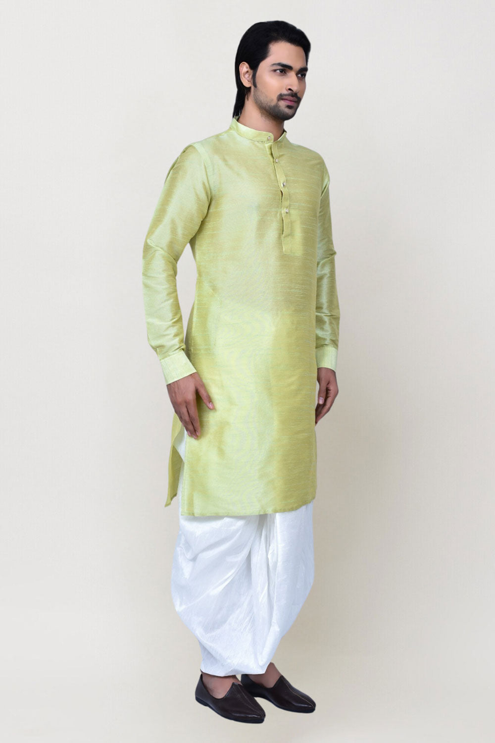 Men's Lemon Art Silk Solid Kurta Dhoti Set