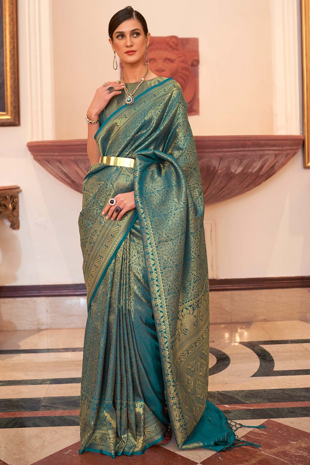 Kaabha Silk Teal Woven Handloom Saree