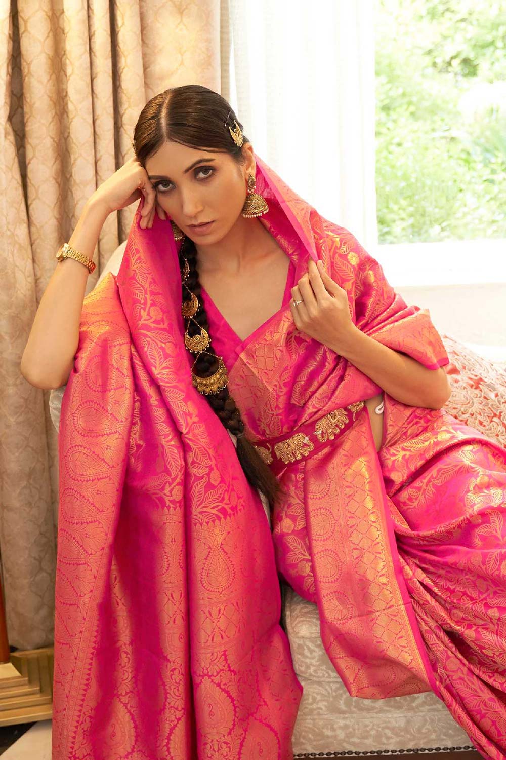 Kaabha Silk Pink Woven Handloom Saree