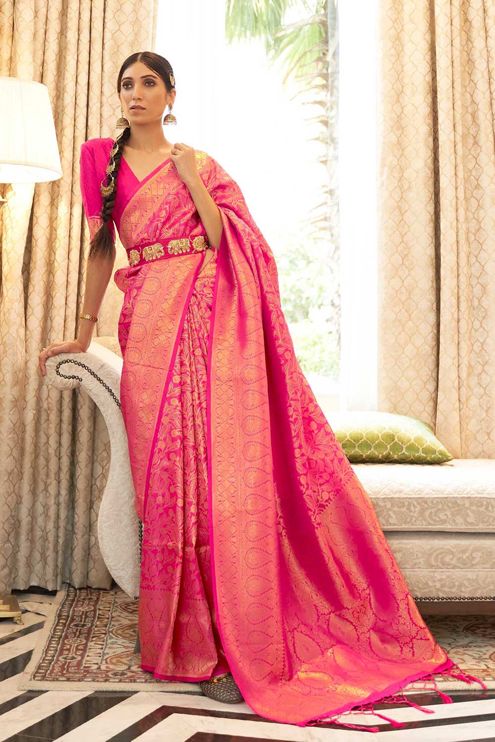 Kaabha Silk Pink Woven Handloom Saree