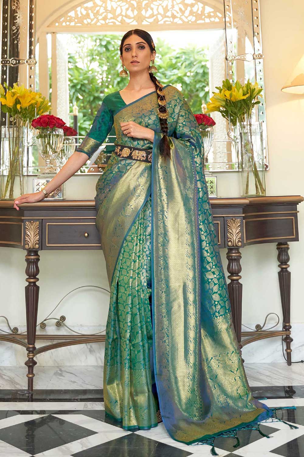 Kaabha Silk Teal Woven Handloom Saree